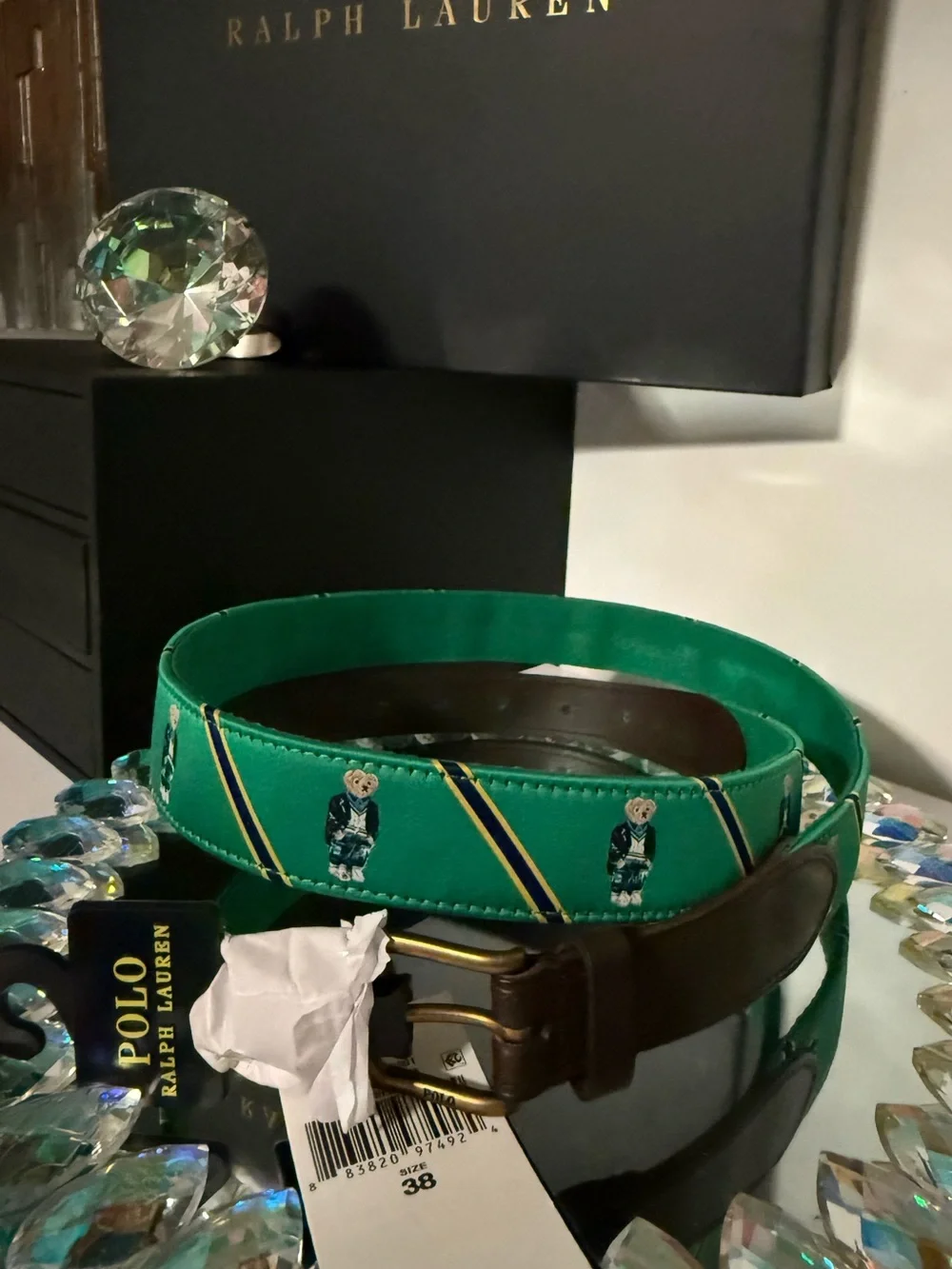 Polo Ralph Lauren Polo Bear Ribbon Leather Belt Green Brown NWT Men’s Size 38